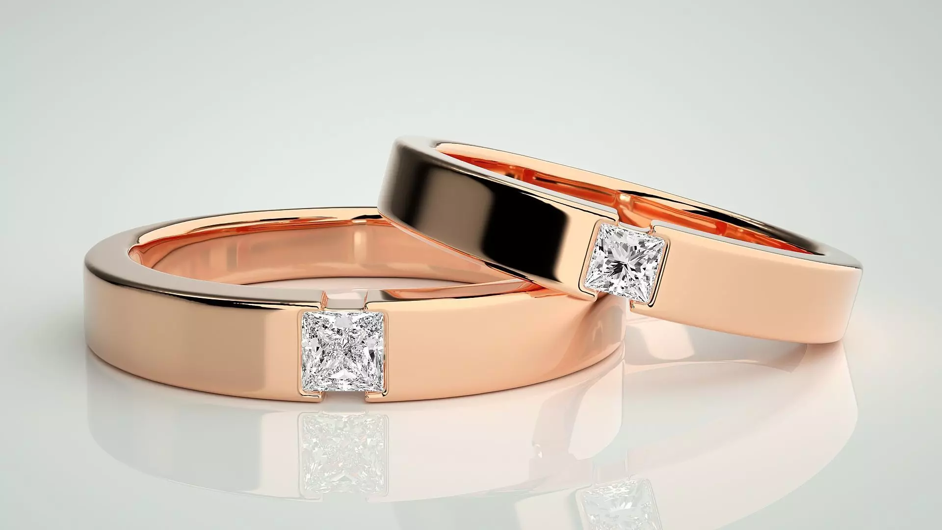 Princess Solitaire Couple Band Ring 3dm stl render detail 3D print model_0