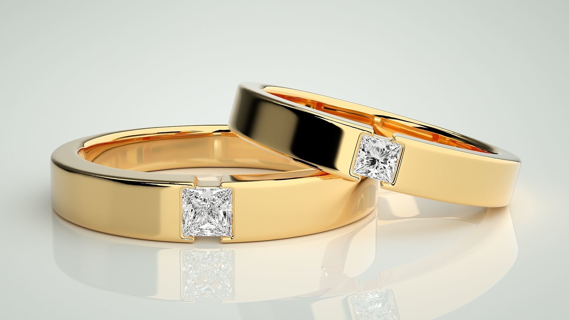 Princess Solitaire Couple Band Ring 3dm stl render detail 3D print model_8