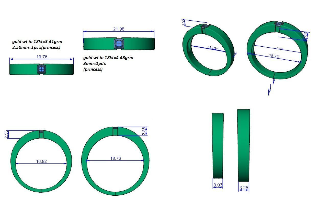 Princess Solitaire Couple Band Ring 3dm stl render detail 3D print model_12