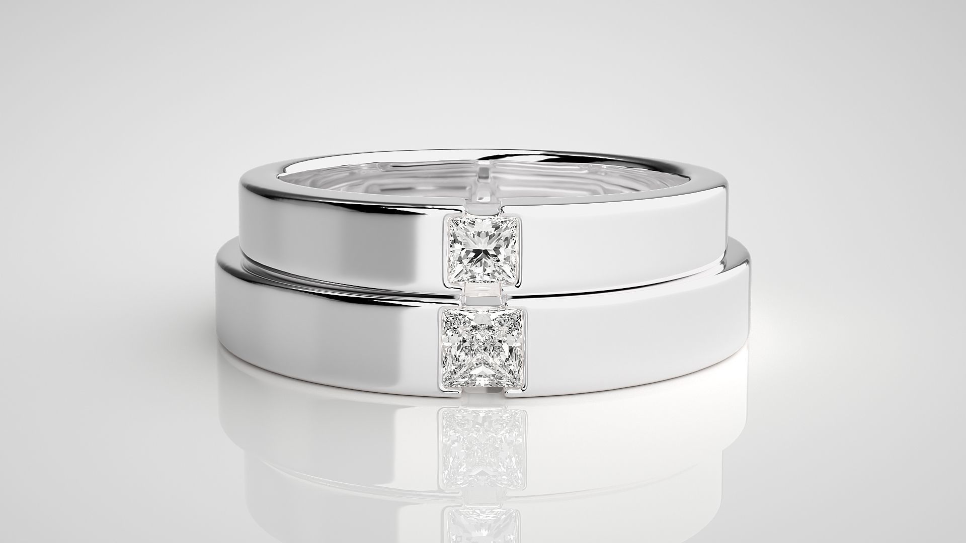 Princess Solitaire Couple Band Ring 3dm stl render detail 3D print model_6