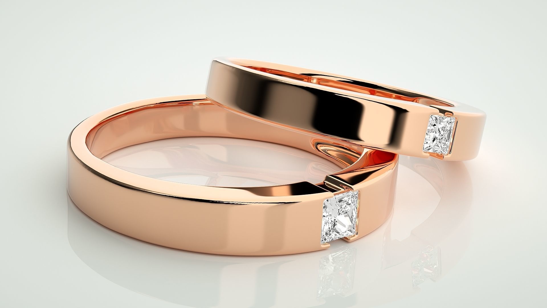 Princess Solitaire Couple Band Ring 3dm stl render detail 3D print model_1