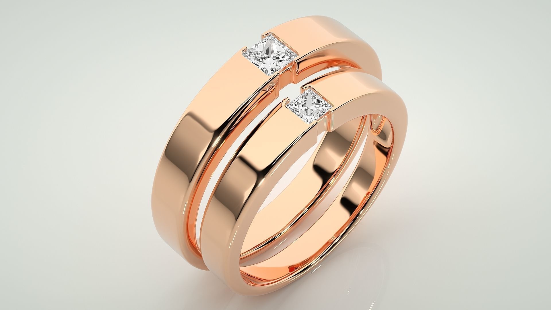 Princess Solitaire Couple Band Ring 3dm stl render detail 3D print model_3