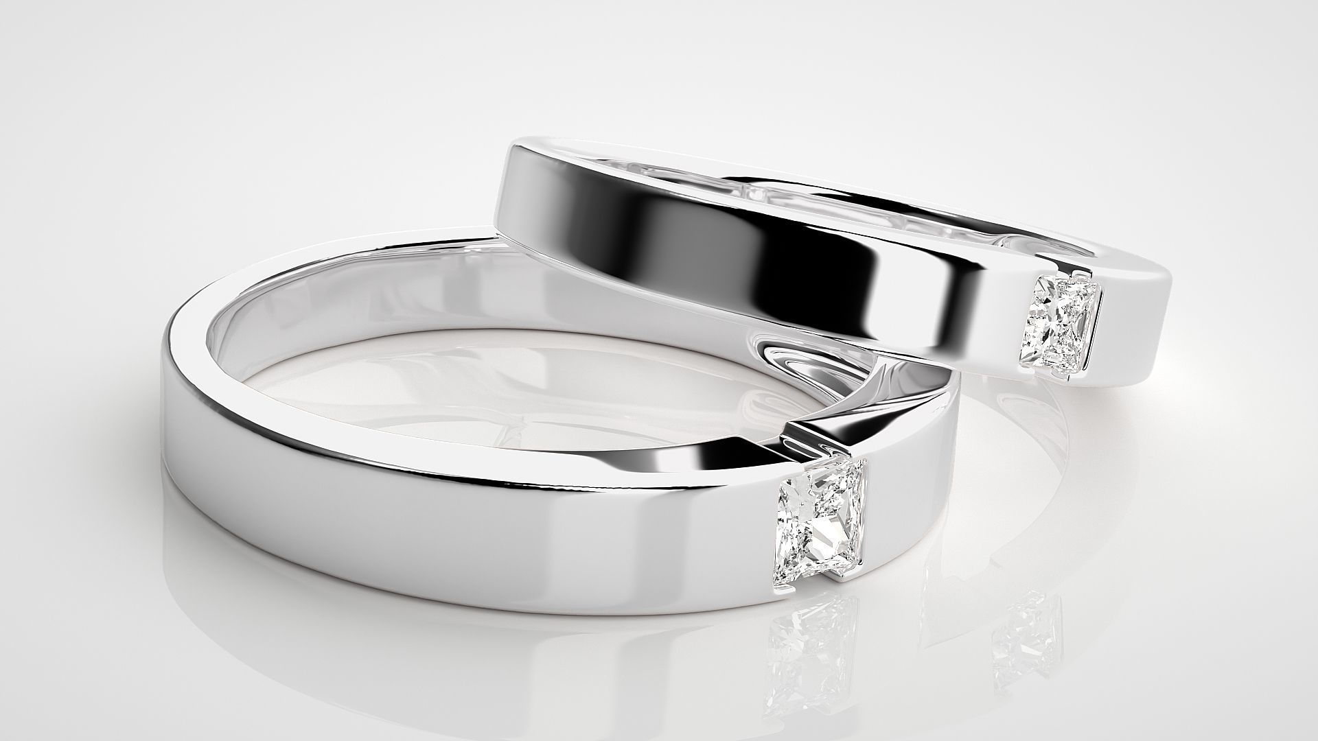 Princess Solitaire Couple Band Ring 3dm stl render detail 3D print model_5