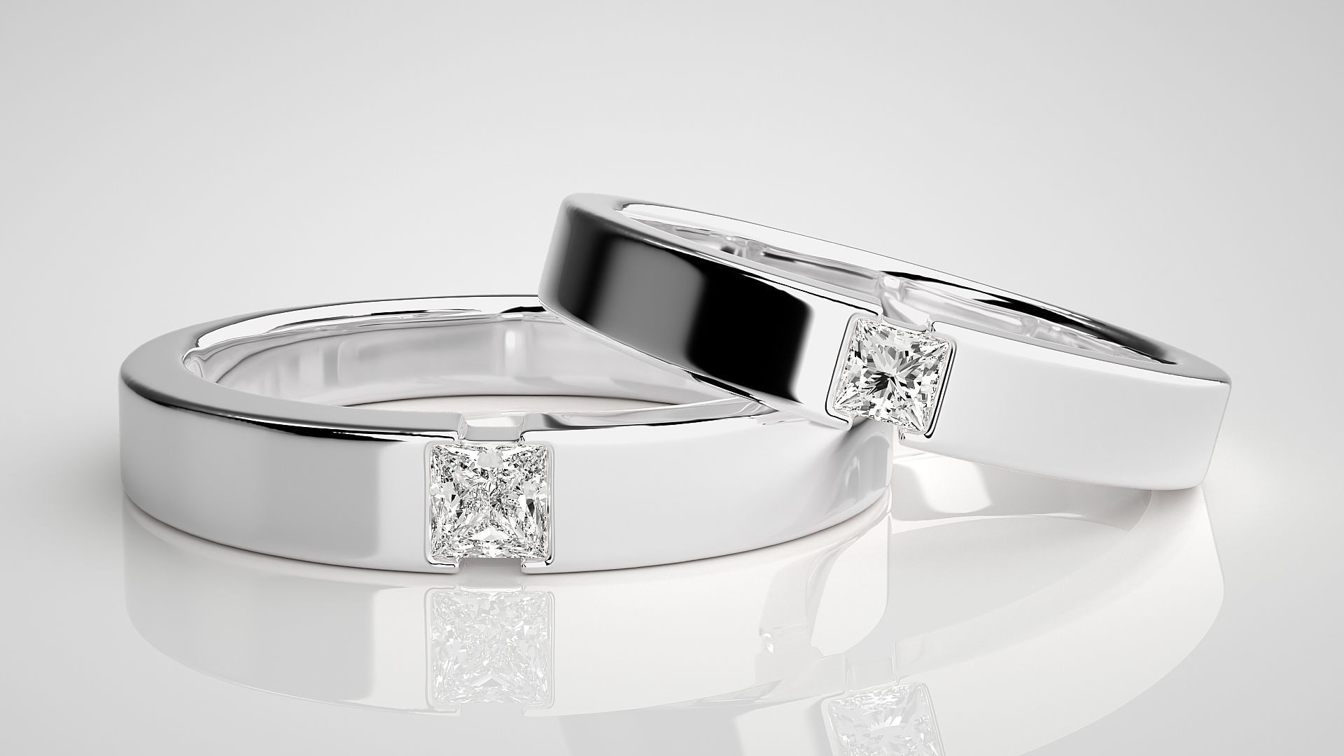 Princess Solitaire Couple Band Ring 3dm stl render detail 3D print model_4