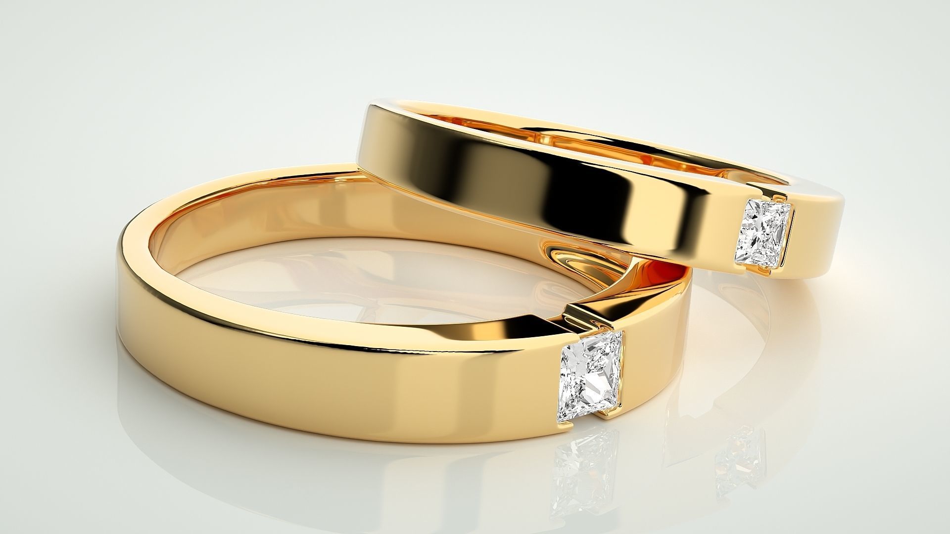 Princess Solitaire Couple Band Ring 3dm stl render detail 3D print model_9