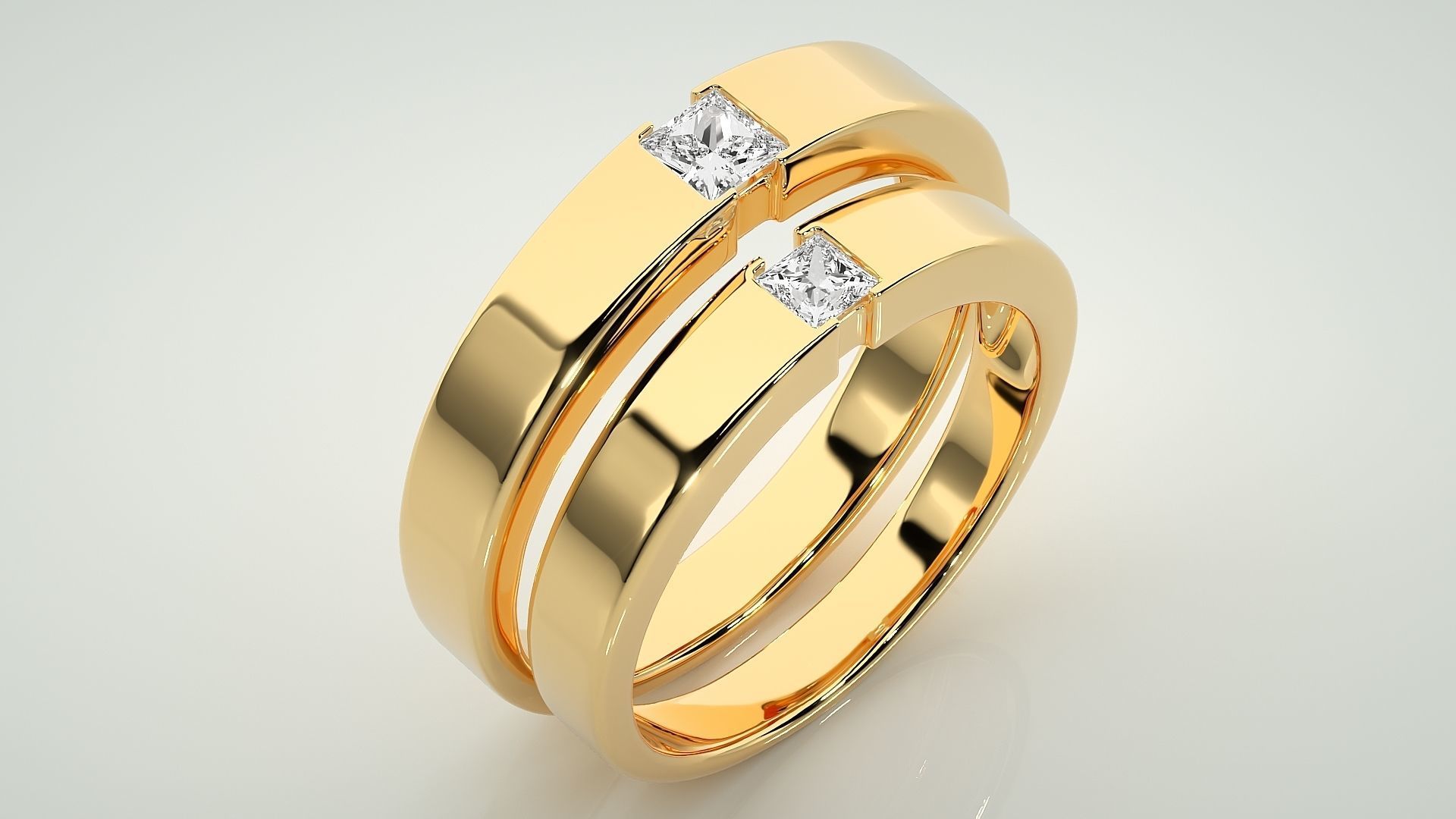 Princess Solitaire Couple Band Ring 3dm stl render detail 3D print model_11