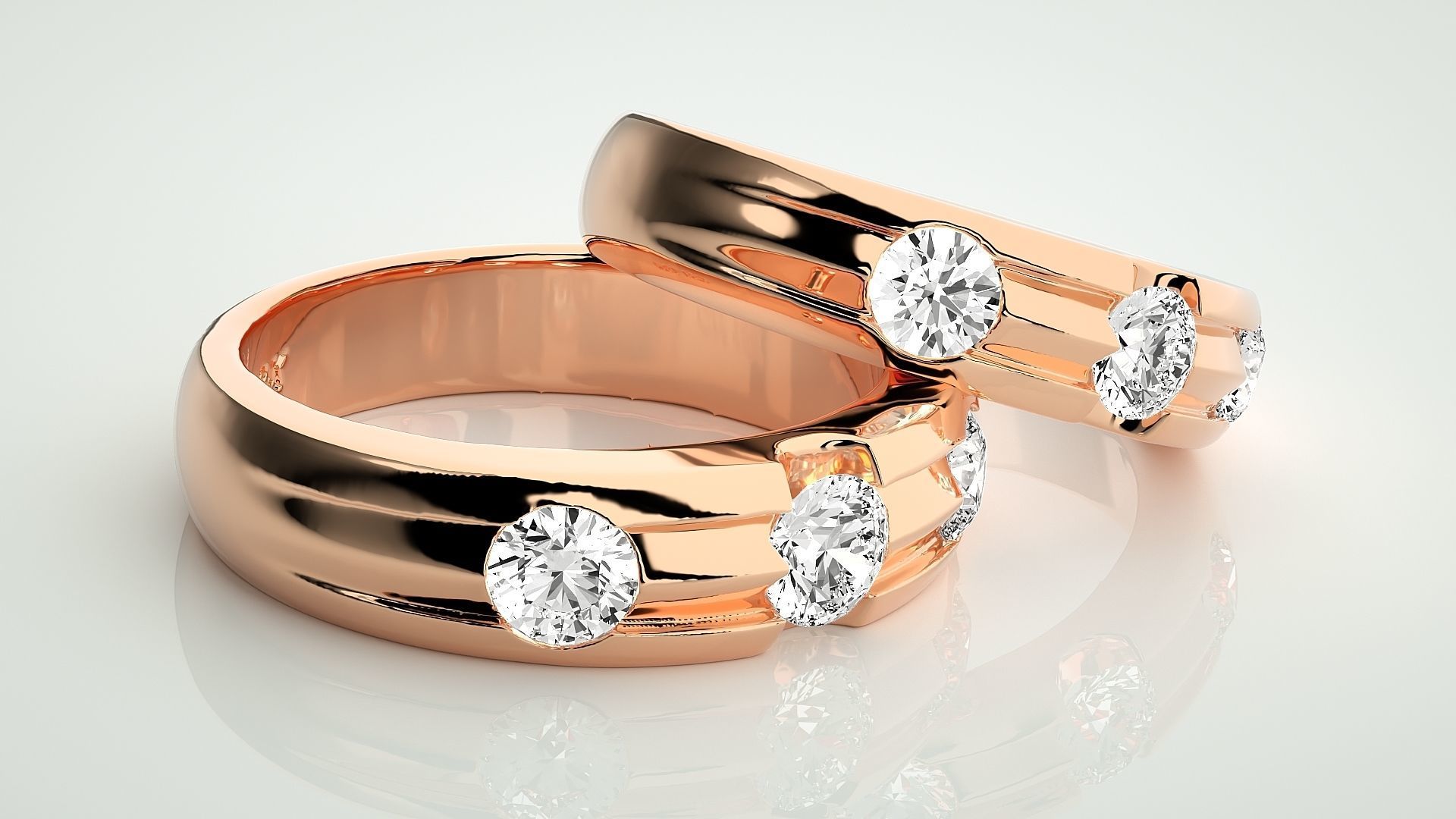 Tri-Diamond Solitaire Couple Band Ring 3dm stl render detail 3D print model_1