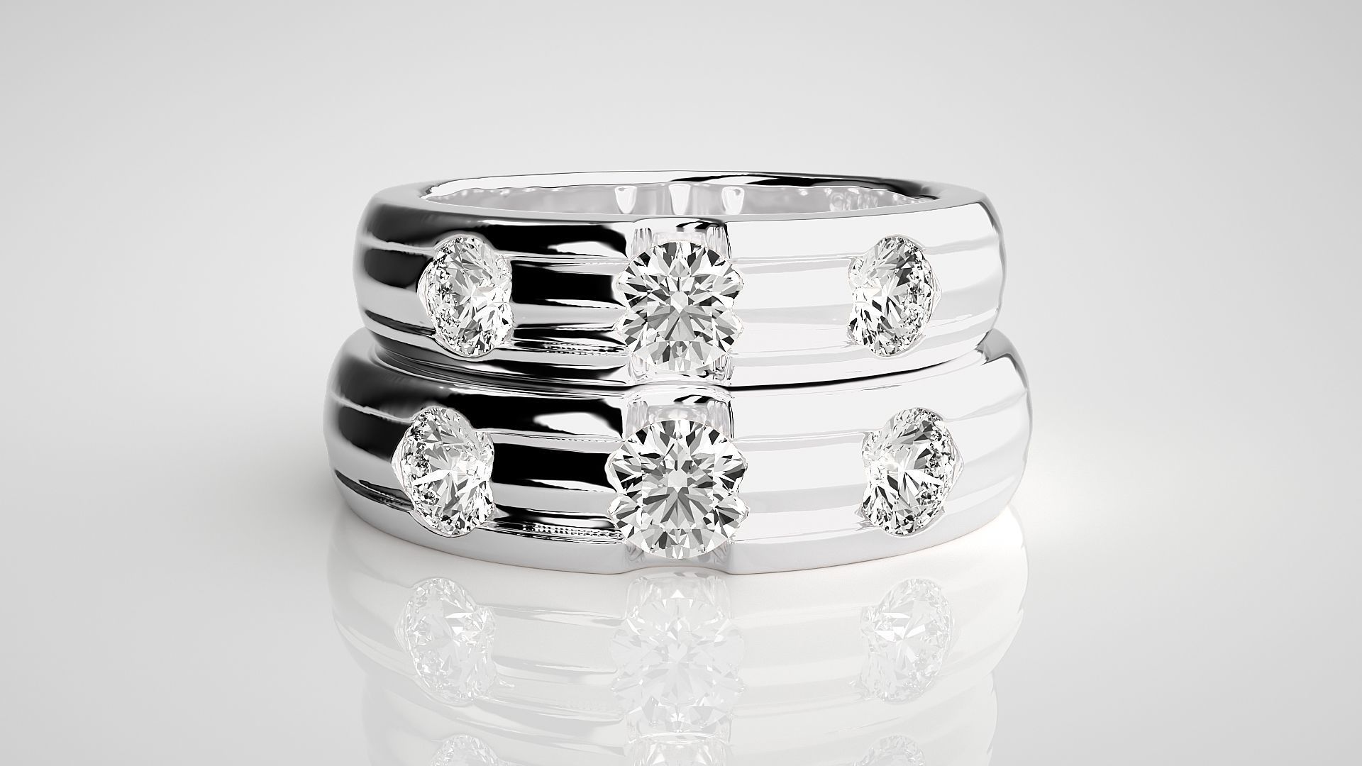 Tri-Diamond Solitaire Couple Band Ring 3dm stl render detail 3D print model_7