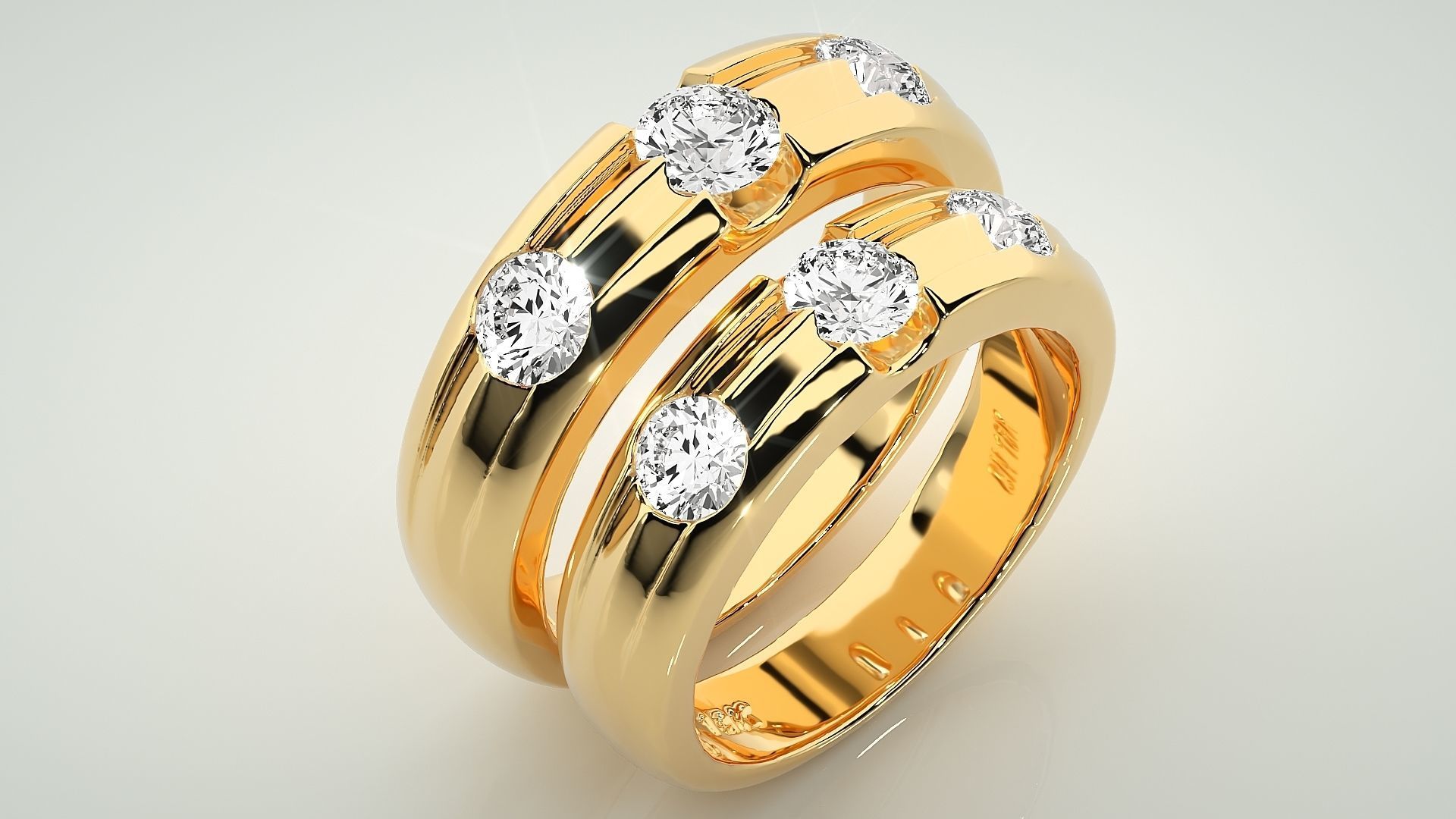Tri-Diamond Solitaire Couple Band Ring 3dm stl render detail 3D print model_12