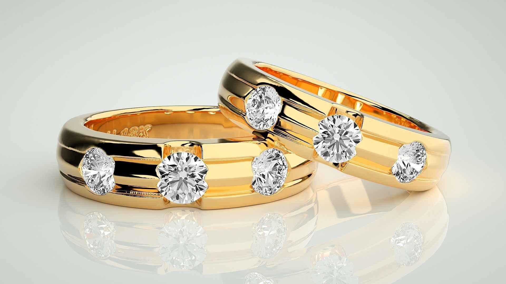 Tri-Diamond Solitaire Couple Band Ring 3dm stl render detail 3D print model_9