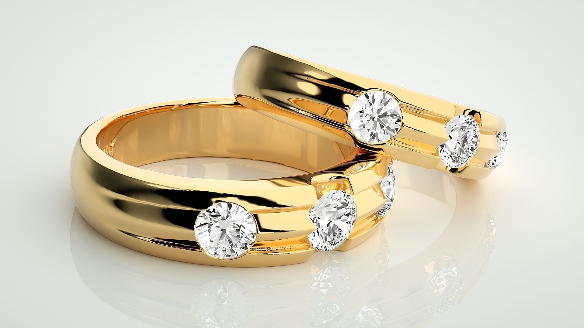 Tri-Diamond Solitaire Couple Band Ring 3dm stl render detail 3D print model_10