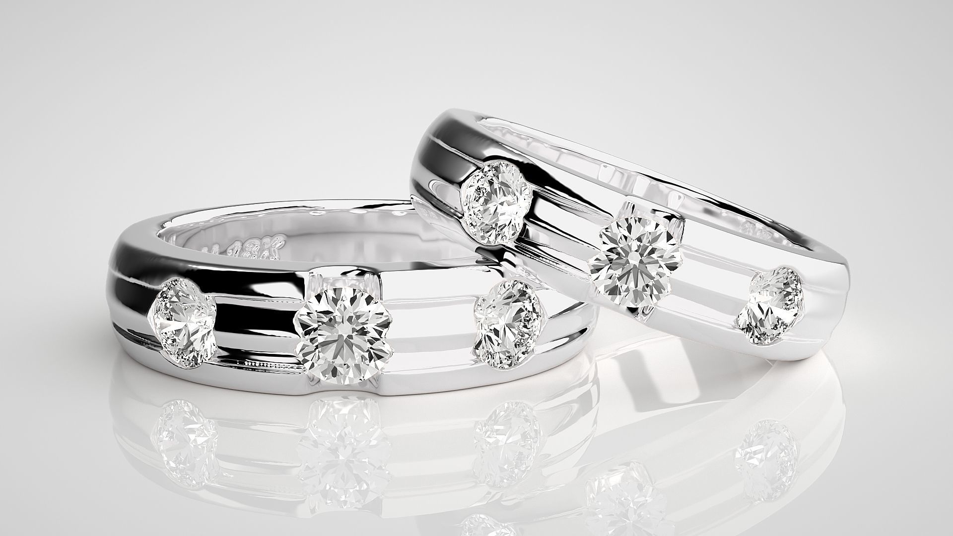 Tri-Diamond Solitaire Couple Band Ring 3dm stl render detail 3D print model_5