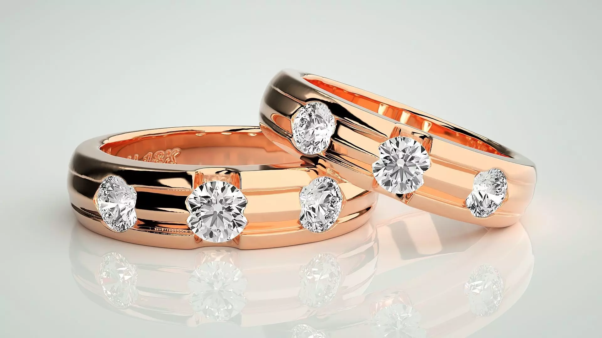 Tri-Diamond Solitaire Couple Band Ring 3dm stl render detail 3D print model_0