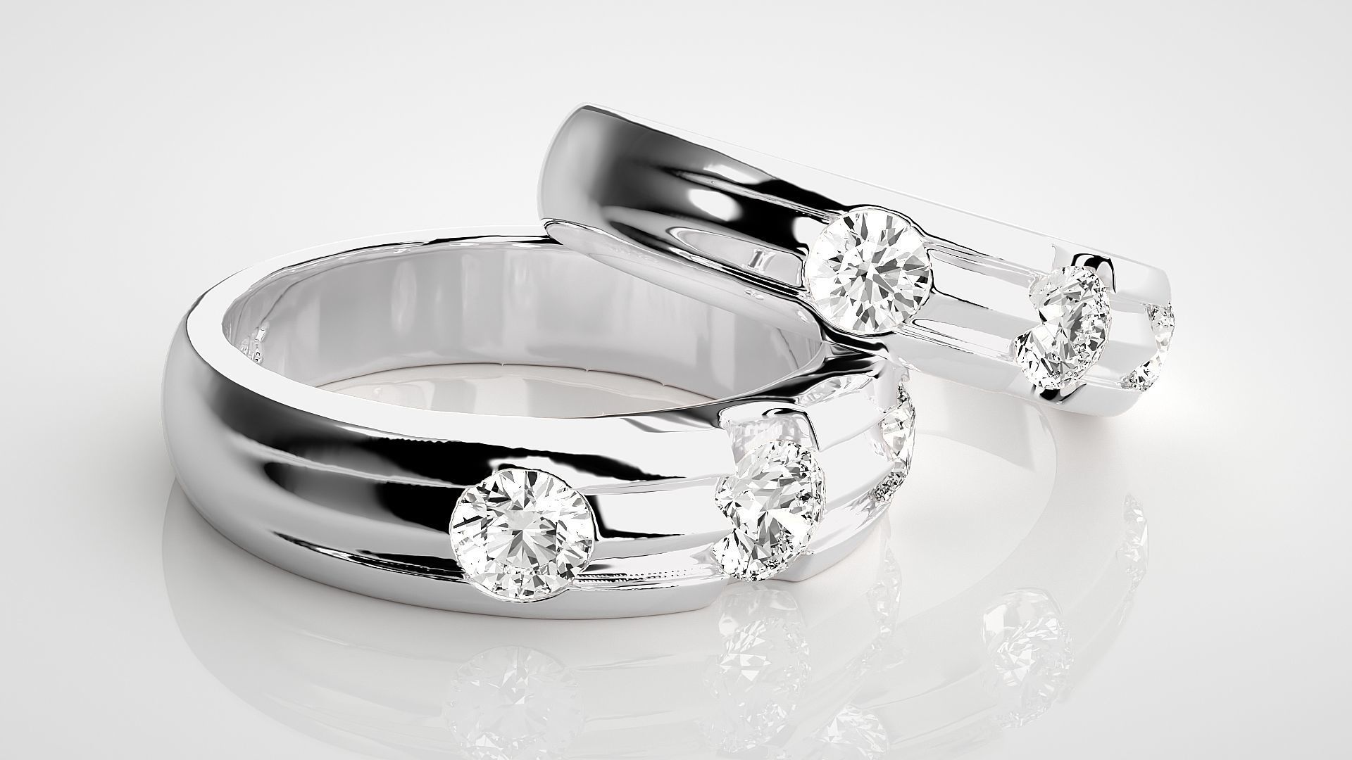 Tri-Diamond Solitaire Couple Band Ring 3dm stl render detail 3D print model_6