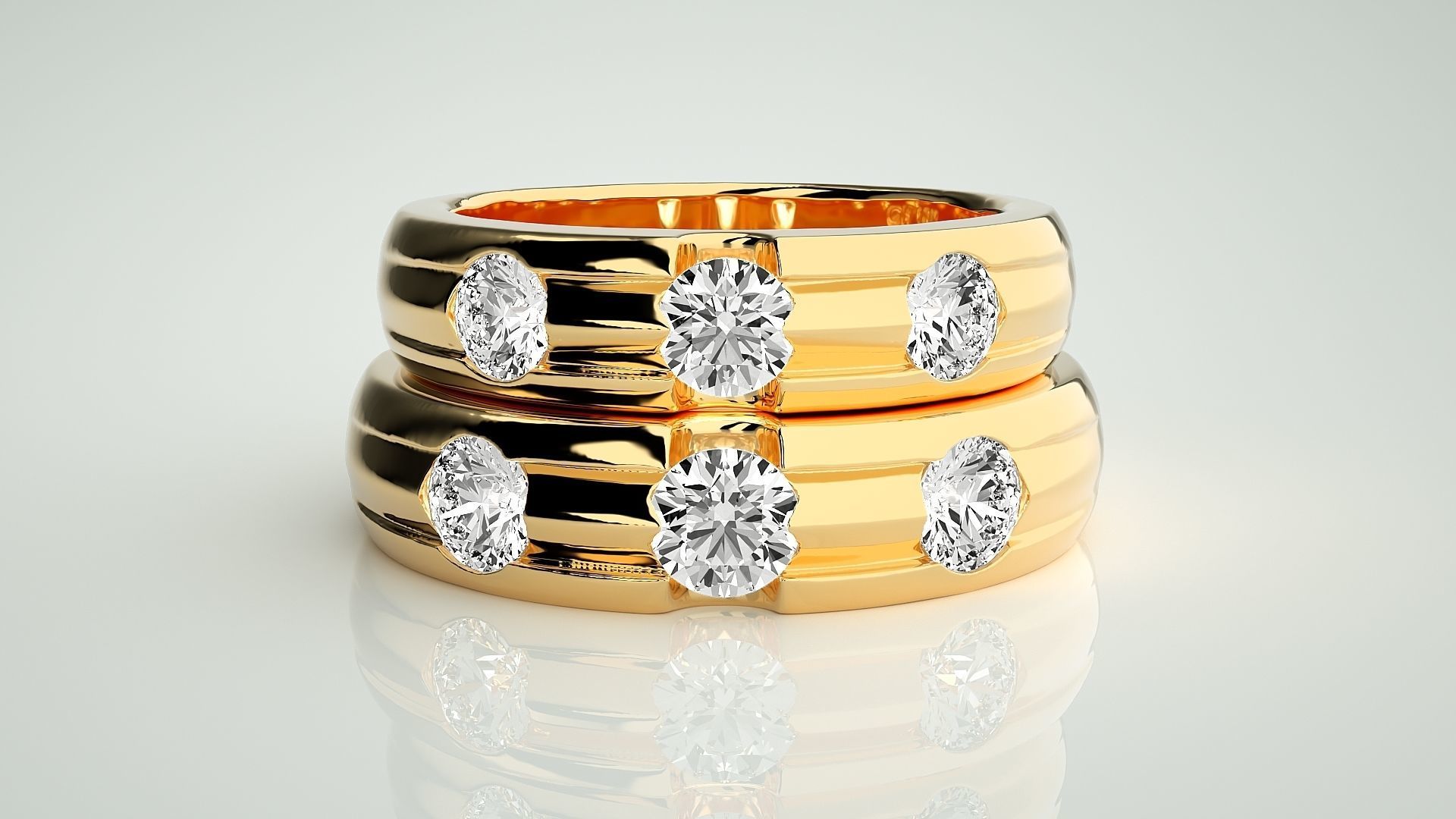 Tri-Diamond Solitaire Couple Band Ring 3dm stl render detail 3D print model_11