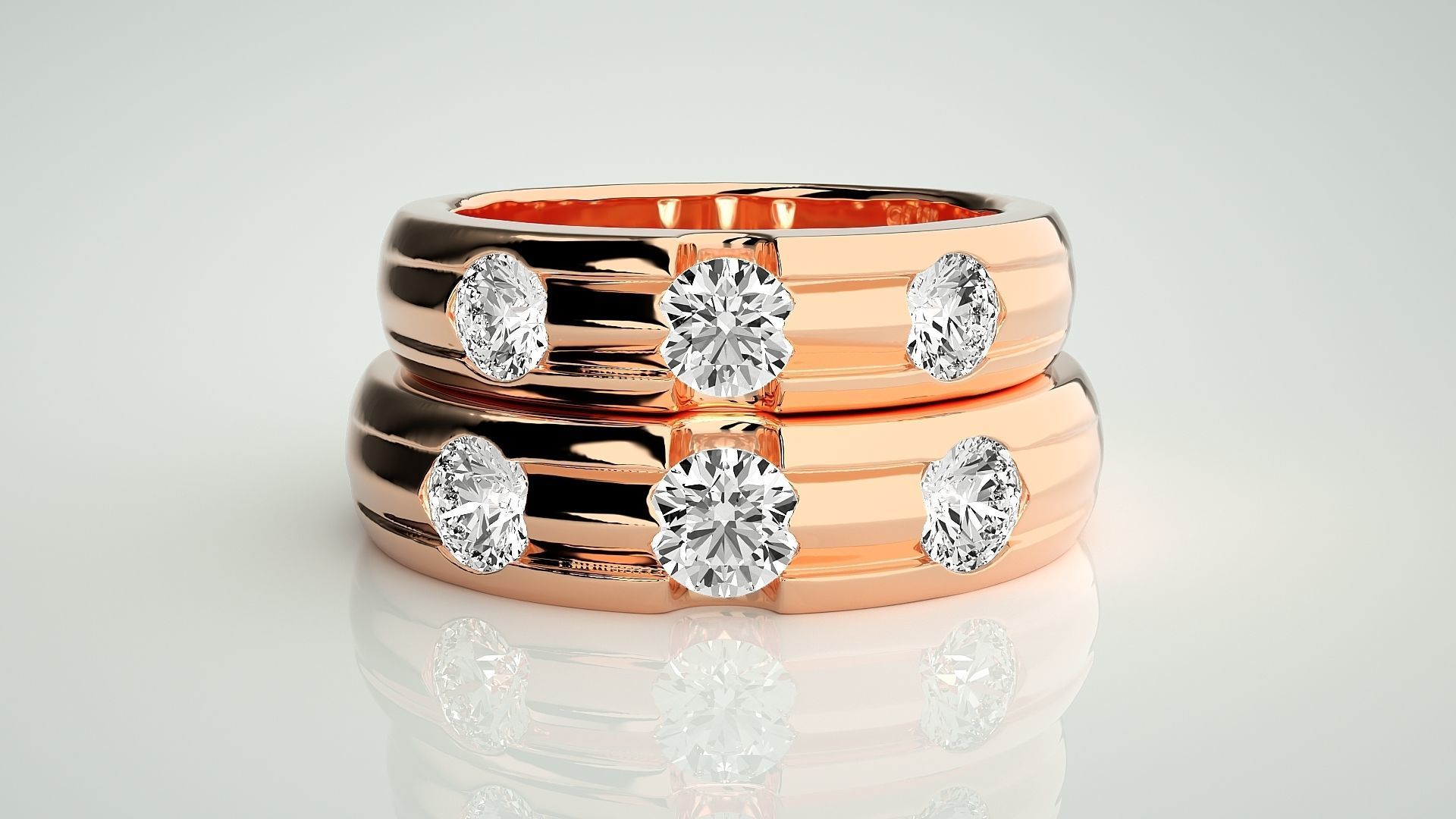 Tri-Diamond Solitaire Couple Band Ring 3dm stl render detail 3D print model_2