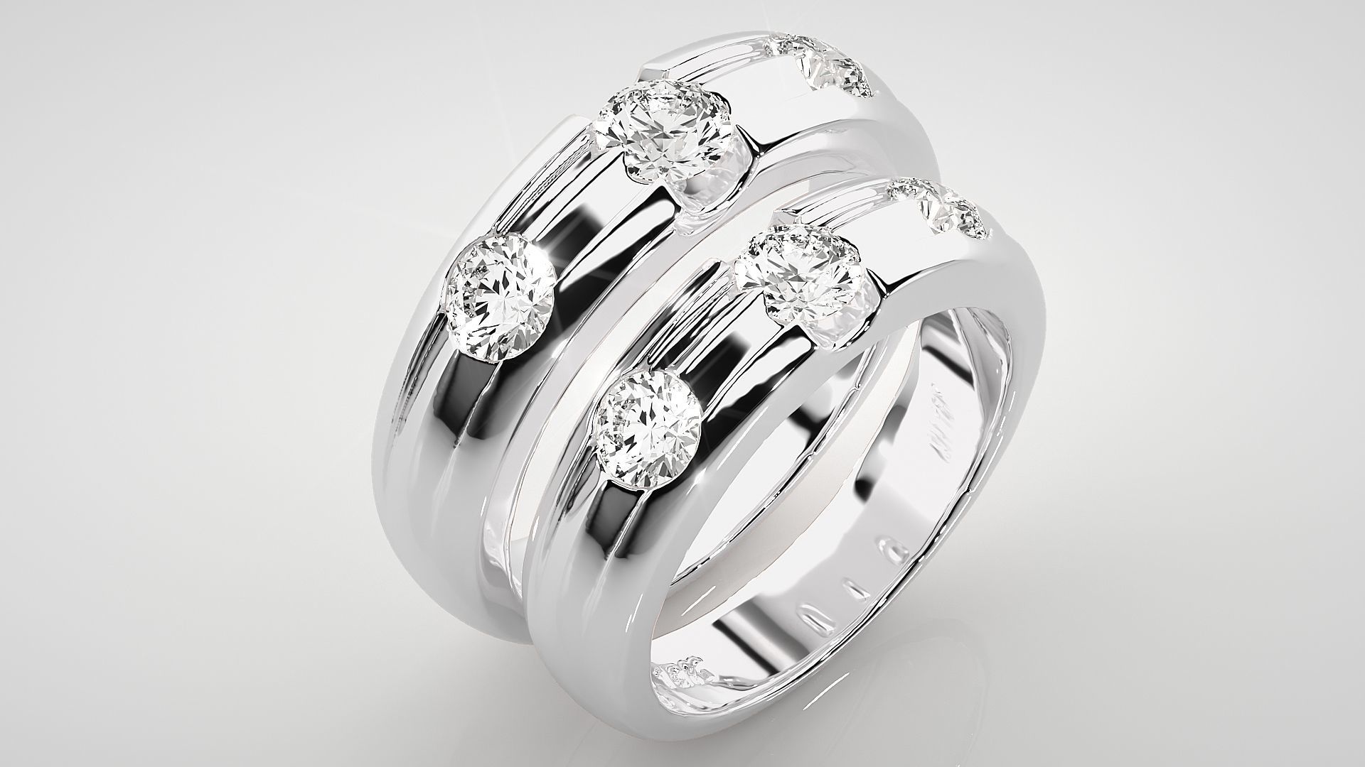 Tri-Diamond Solitaire Couple Band Ring 3dm stl render detail 3D print model_8