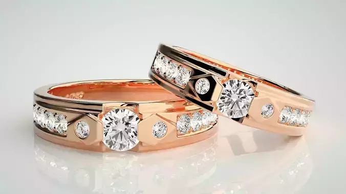 Solitaire Couple Band Ring 3dm stl render detail