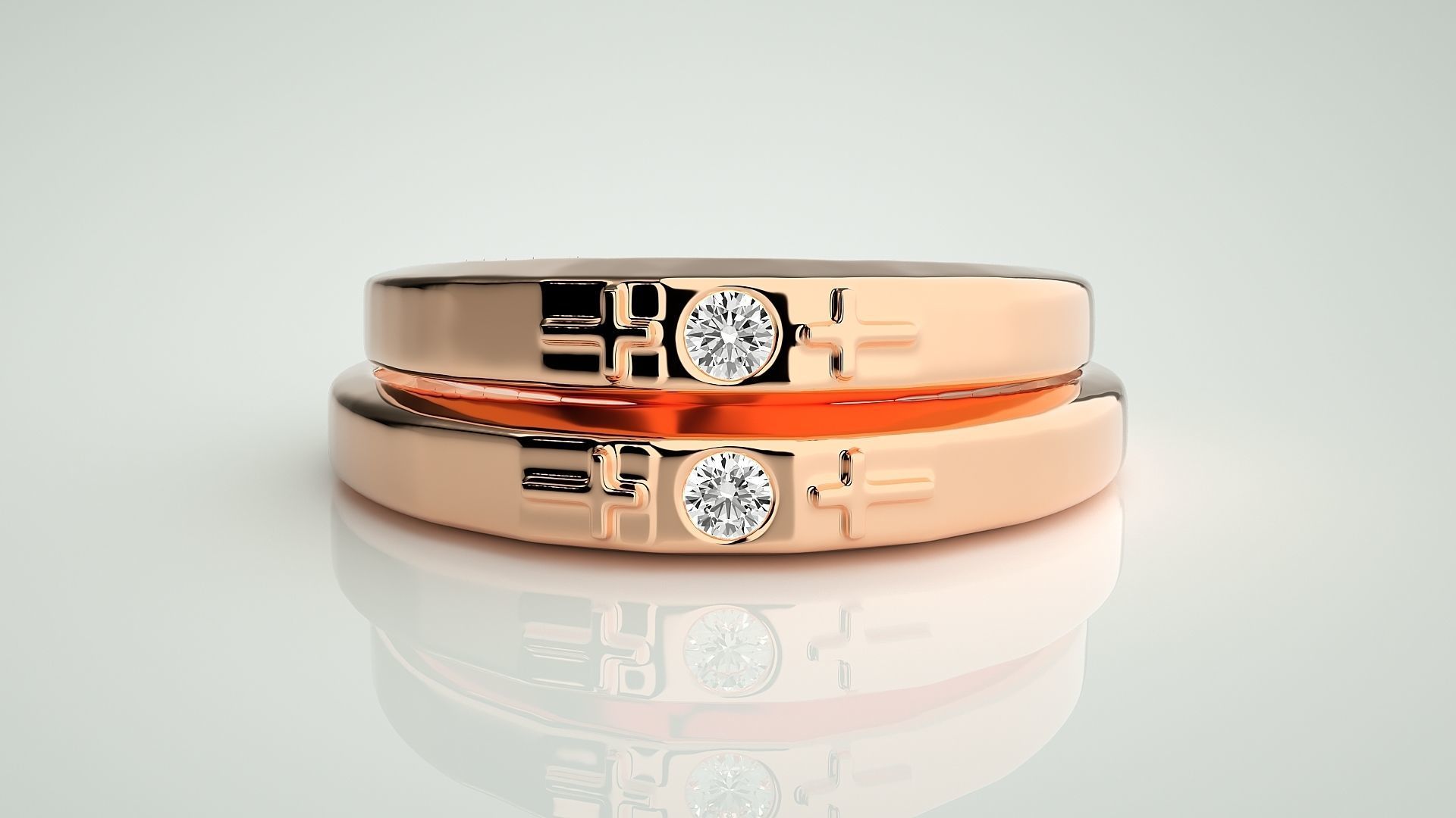 Cross Solitaire Couple Band Ring 3dm stl render detail 3D print model_2