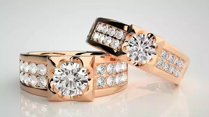 Solitaire Couple Band Ring 3dm stl render detail