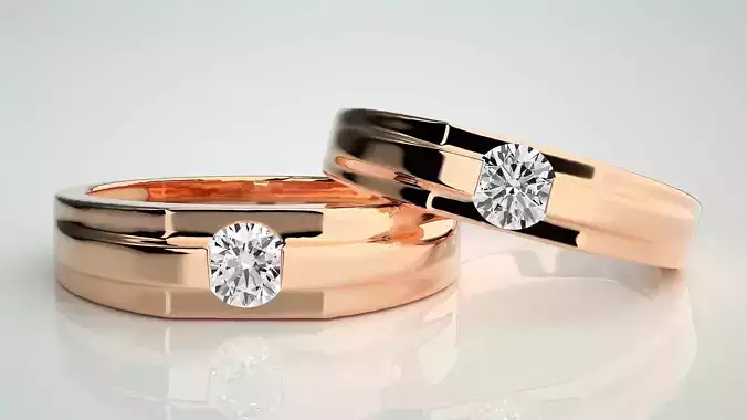 Solitaire Couple Band Ring 3dm stl render detail