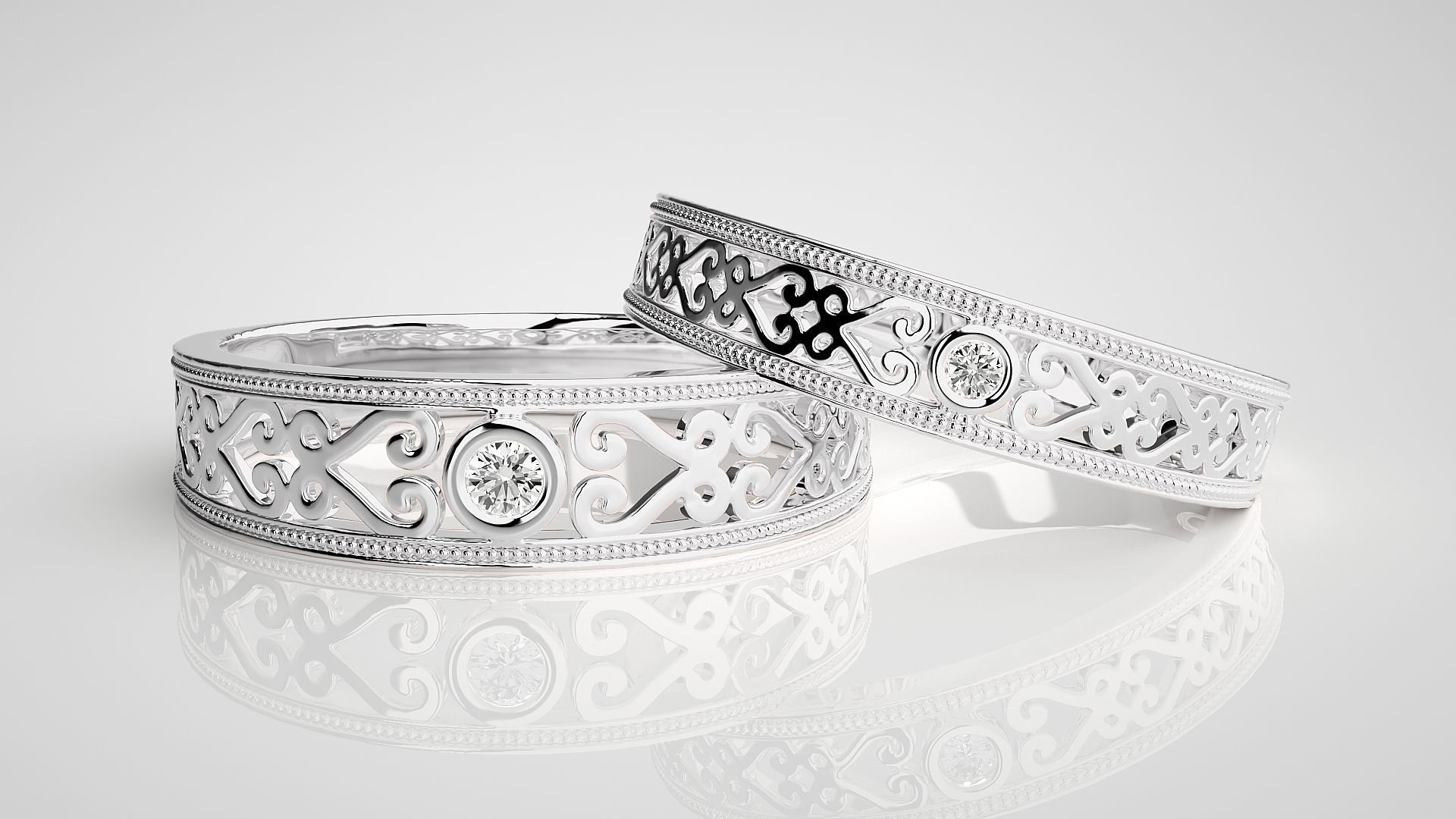 Solitaire Mesh Couple Band Ring 3dm stl render detail 3D print model_4