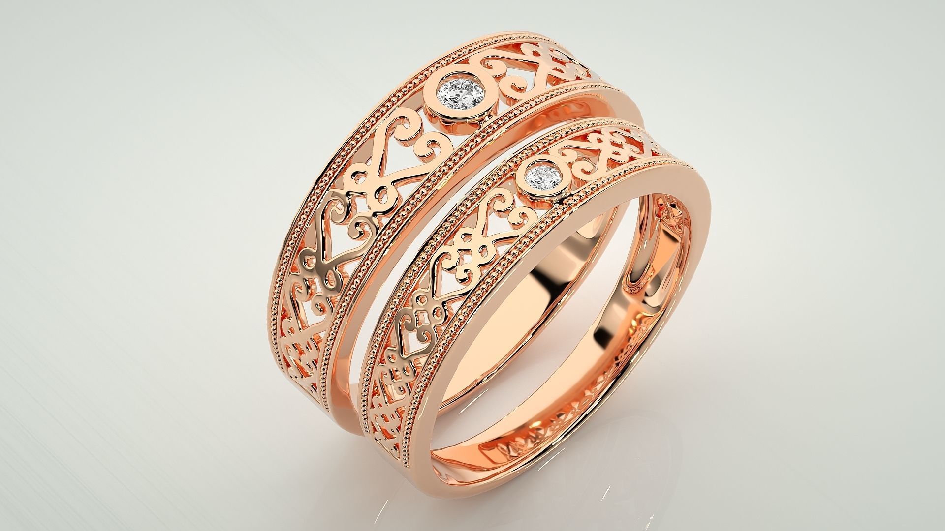 Solitaire Mesh Couple Band Ring 3dm stl render detail 3D print model_3