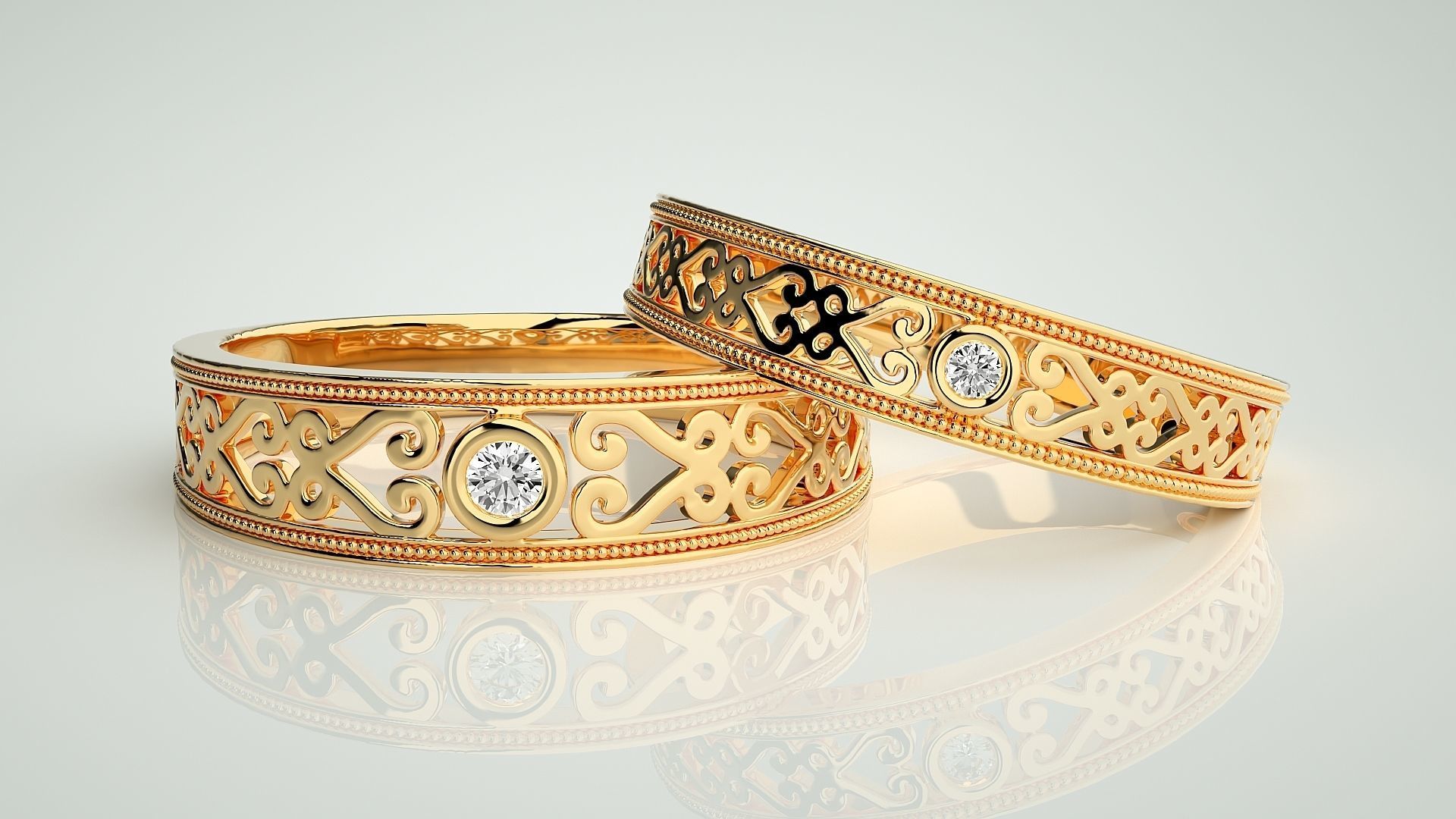 Solitaire Mesh Couple Band Ring 3dm stl render detail 3D print model_9