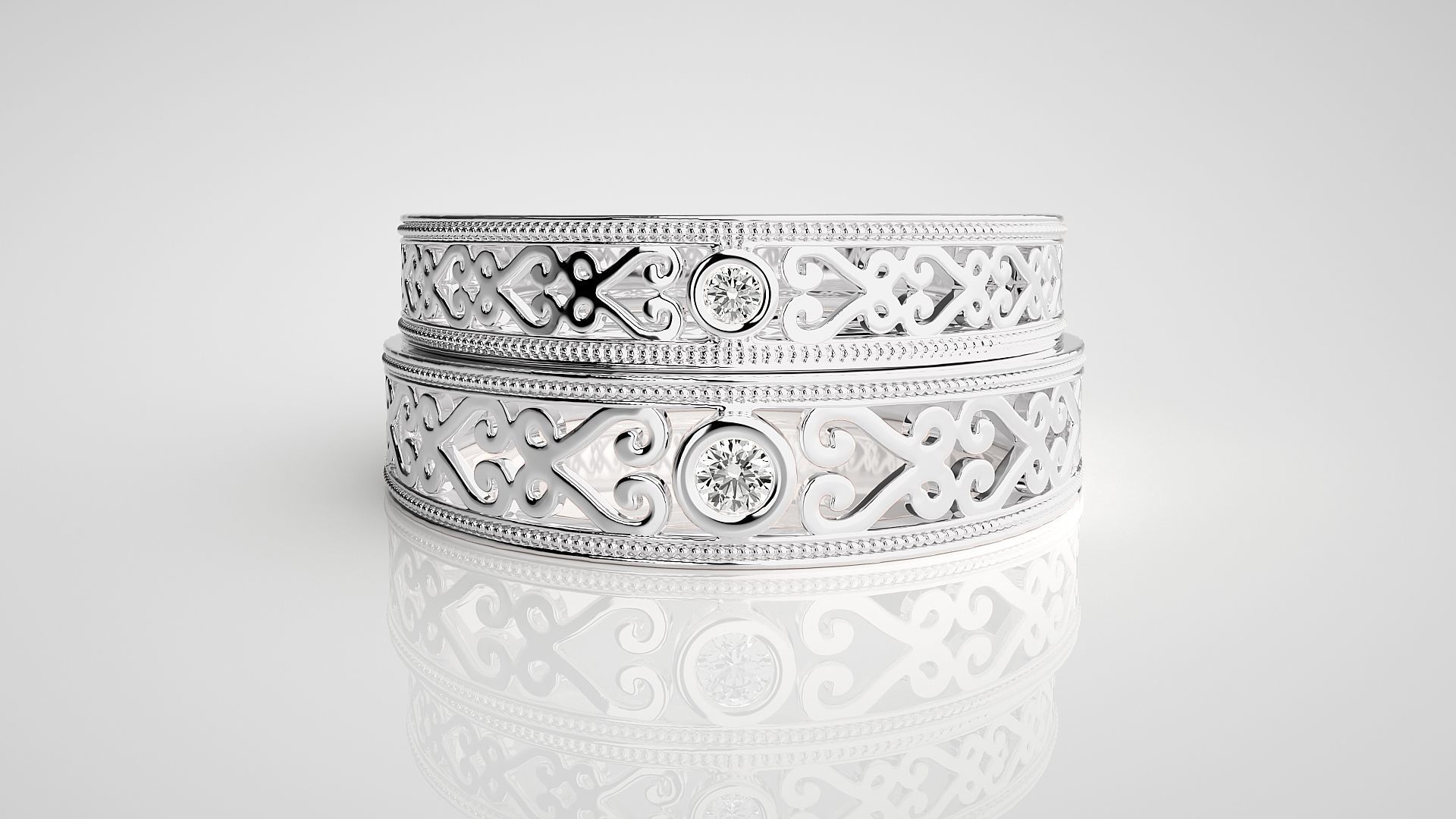 Solitaire Mesh Couple Band Ring 3dm stl render detail 3D print model_7