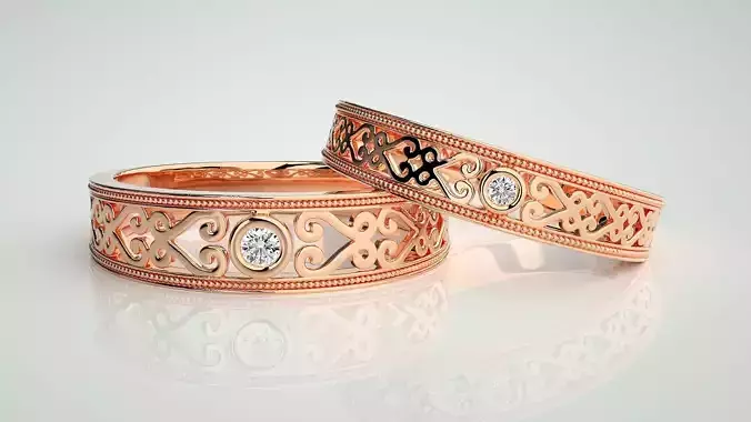 Solitaire Mesh Couple Band Ring 3dm stl render detail