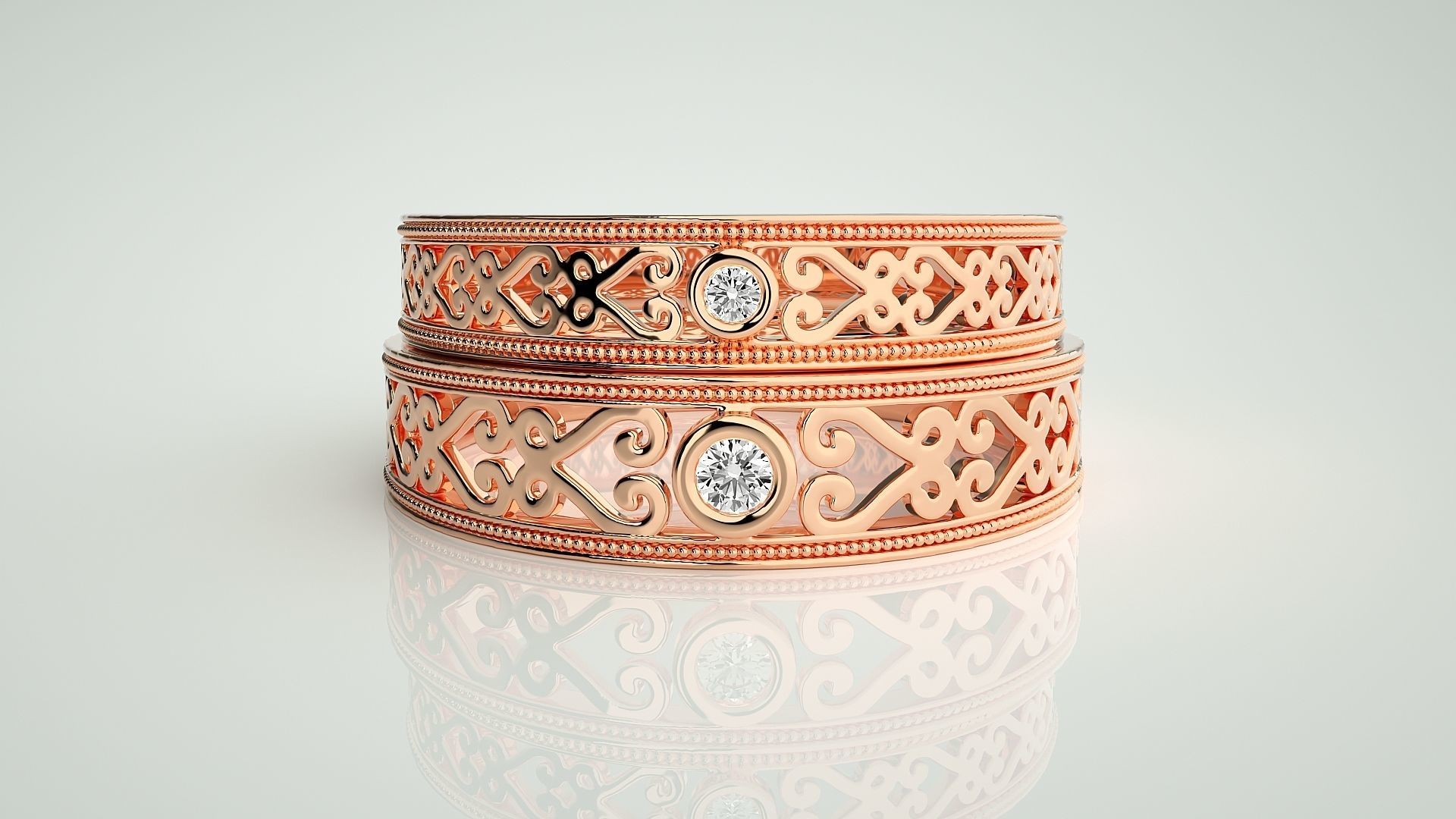 Solitaire Mesh Couple Band Ring 3dm stl render detail 3D print model_2