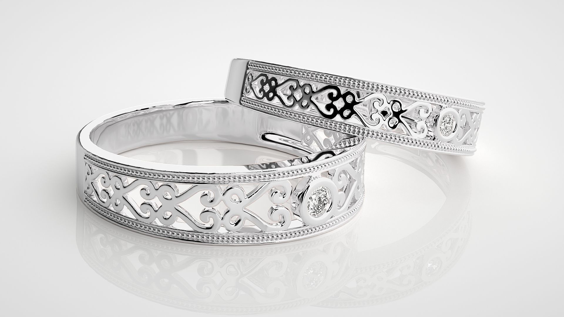 Solitaire Mesh Couple Band Ring 3dm stl render detail 3D print model_5