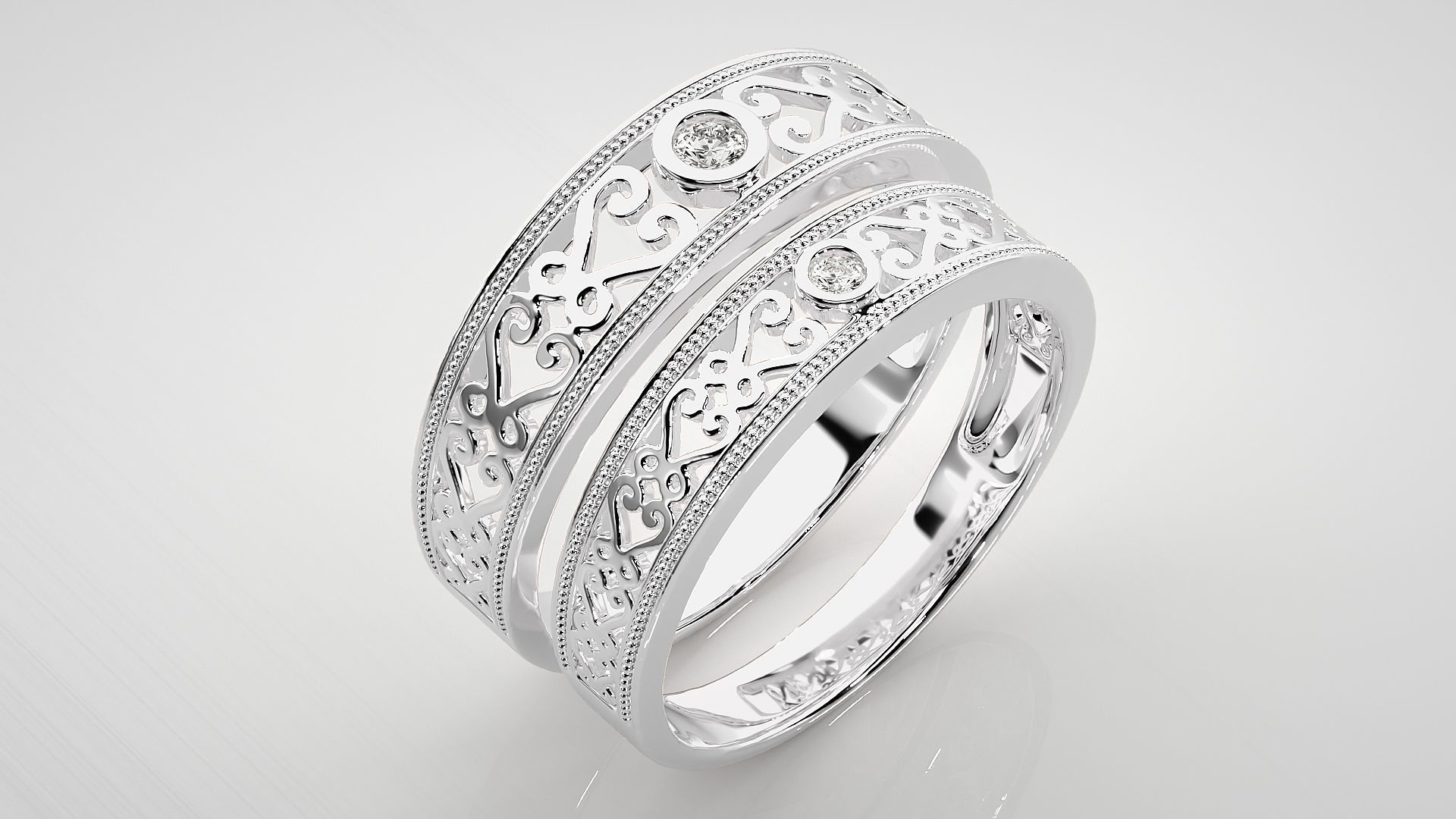 Solitaire Mesh Couple Band Ring 3dm stl render detail 3D print model_8