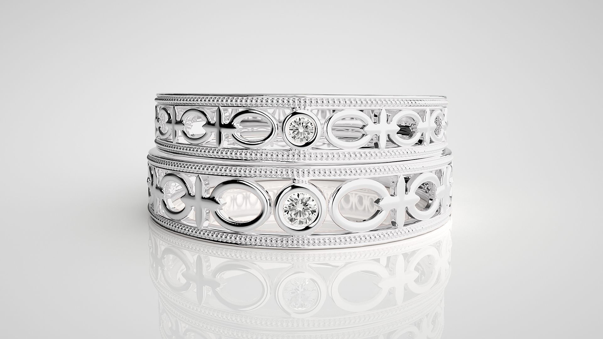 Chain Link Solitaire Couple Band Ring 3dm stl render detail 3D print model_7