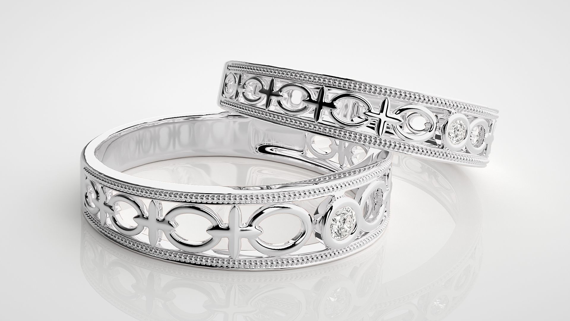 Chain Link Solitaire Couple Band Ring 3dm stl render detail 3D print model_6