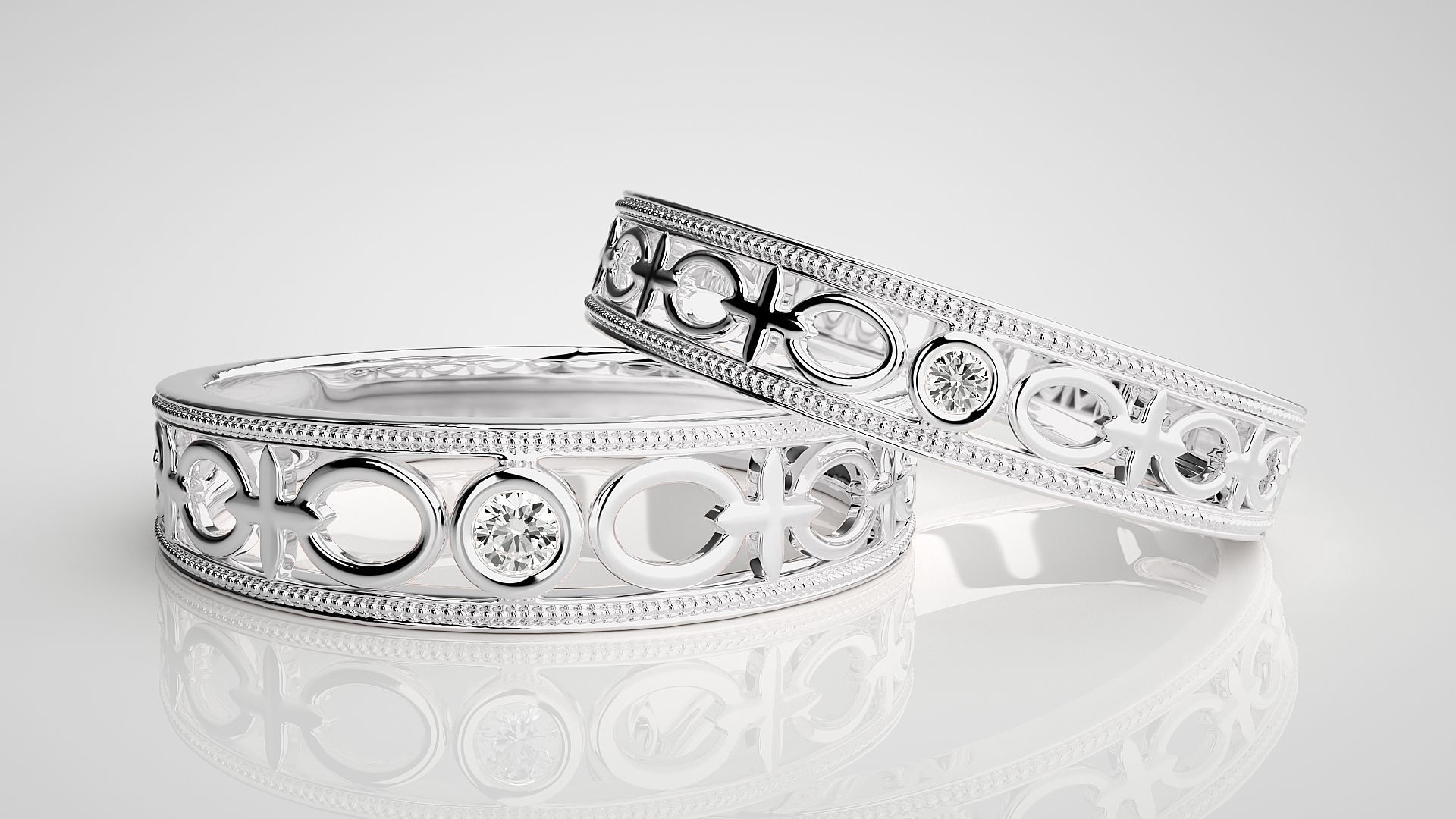 Chain Link Solitaire Couple Band Ring 3dm stl render detail 3D print model_5