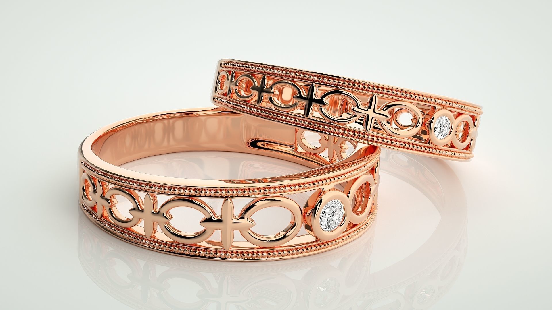 Chain Link Solitaire Couple Band Ring 3dm stl render detail 3D print model_1