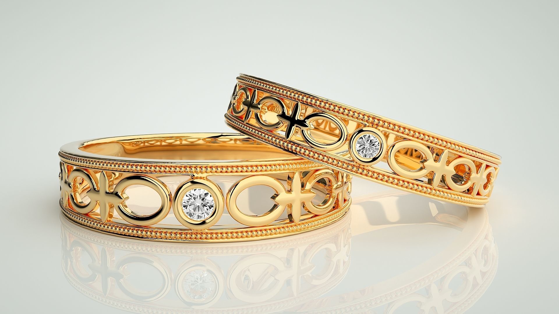 Chain Link Solitaire Couple Band Ring 3dm stl render detail 3D print model_9