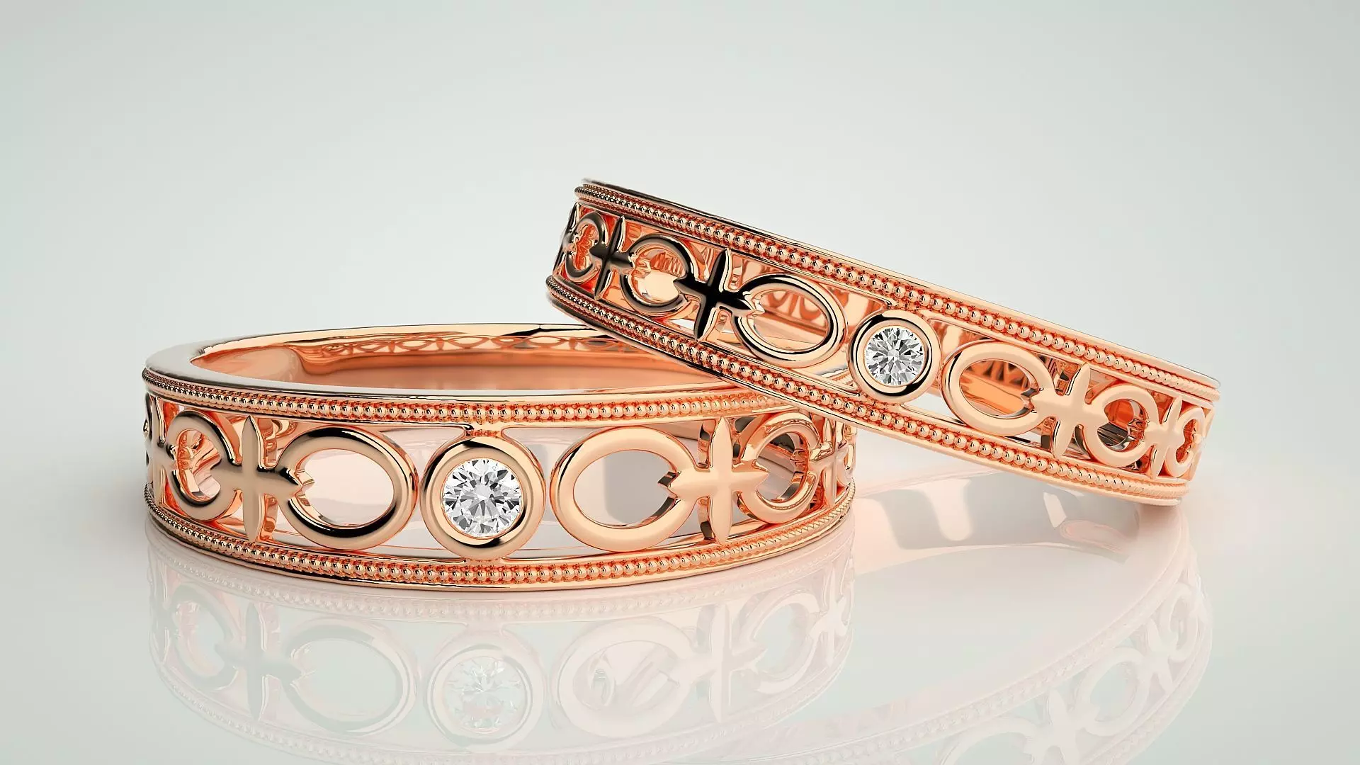 Chain Link Solitaire Couple Band Ring 3dm stl render detail 3D print model_0