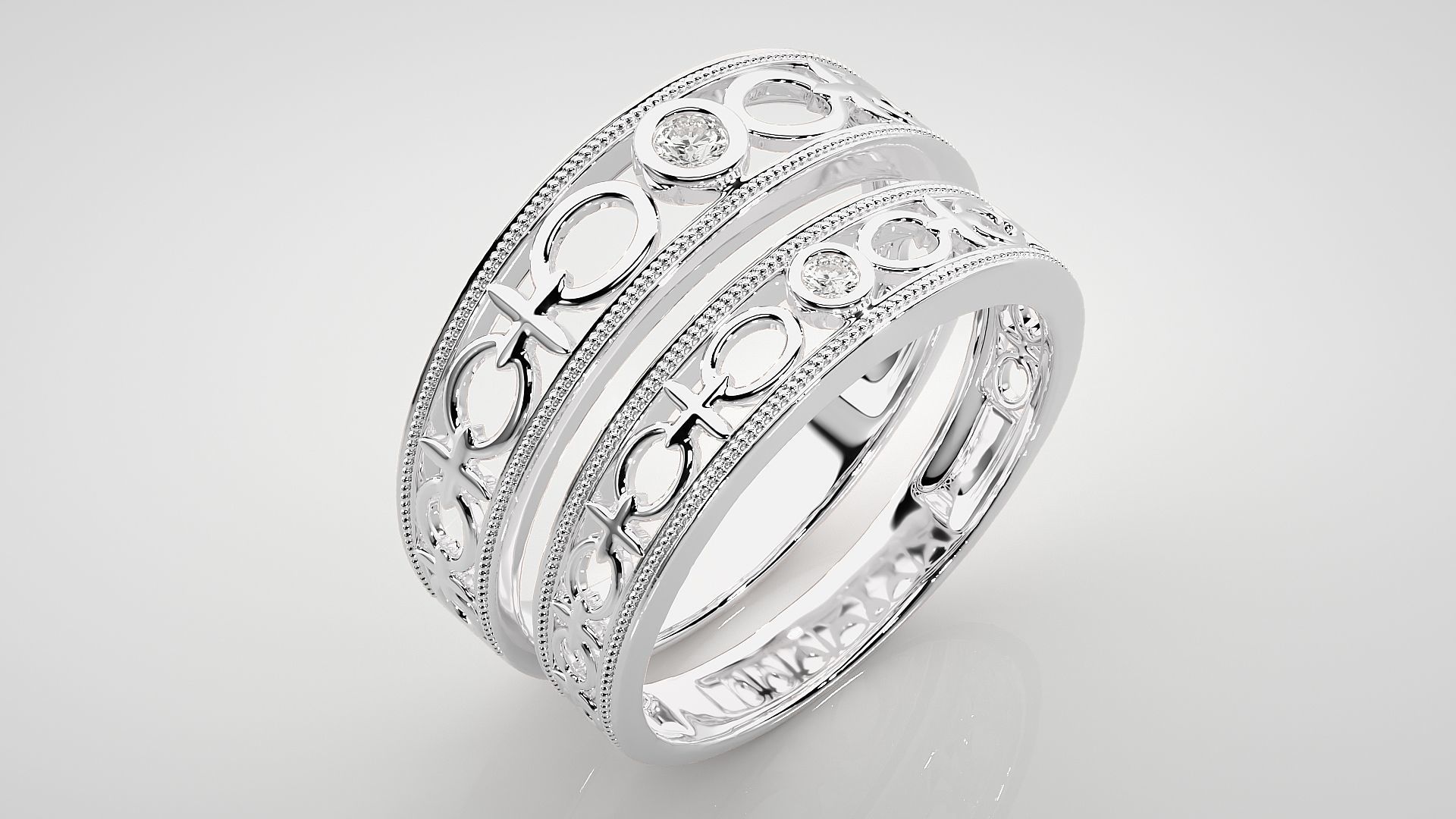 Chain Link Solitaire Couple Band Ring 3dm stl render detail 3D print model_8