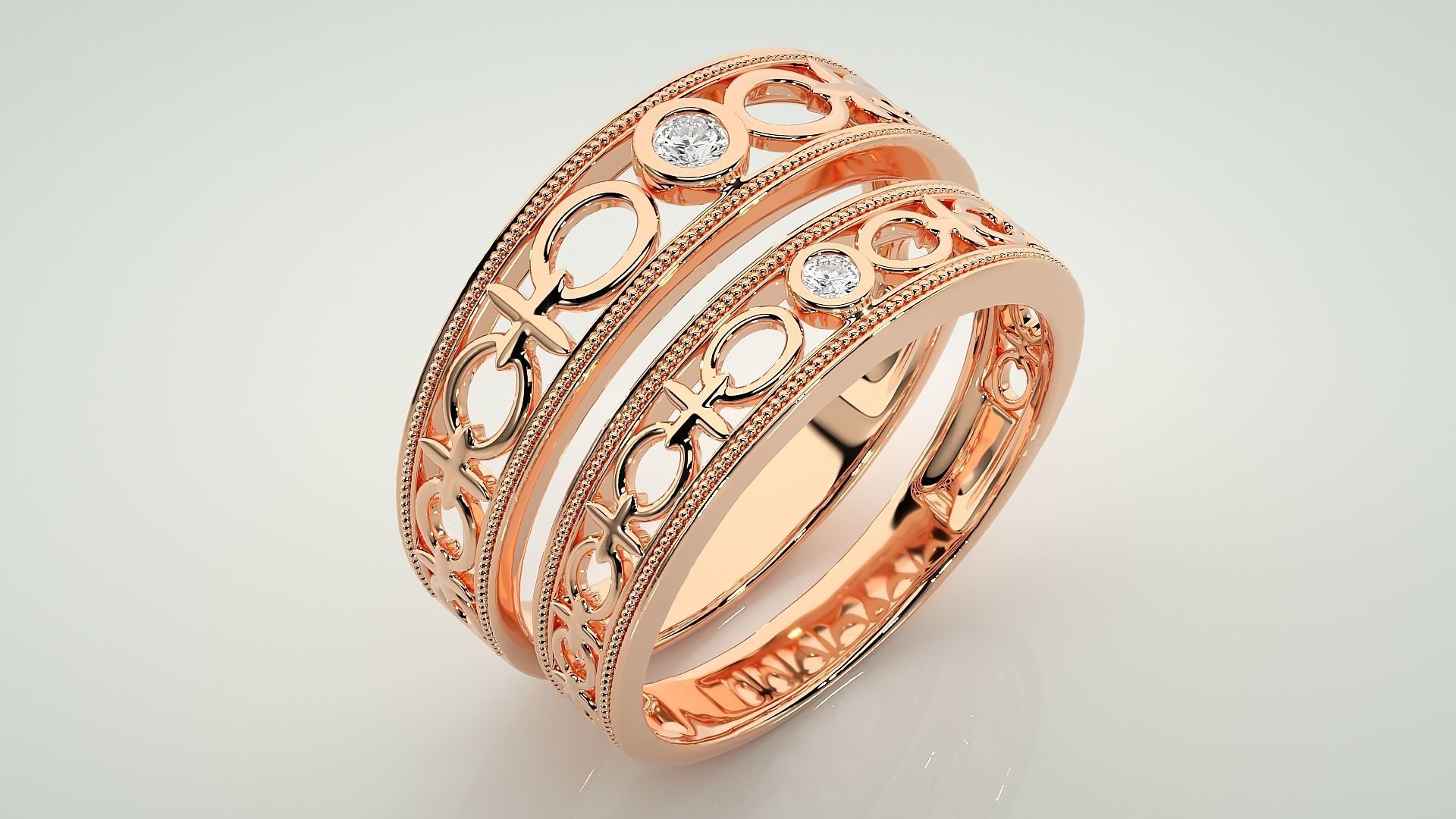 Chain Link Solitaire Couple Band Ring 3dm stl render detail 3D print model_4