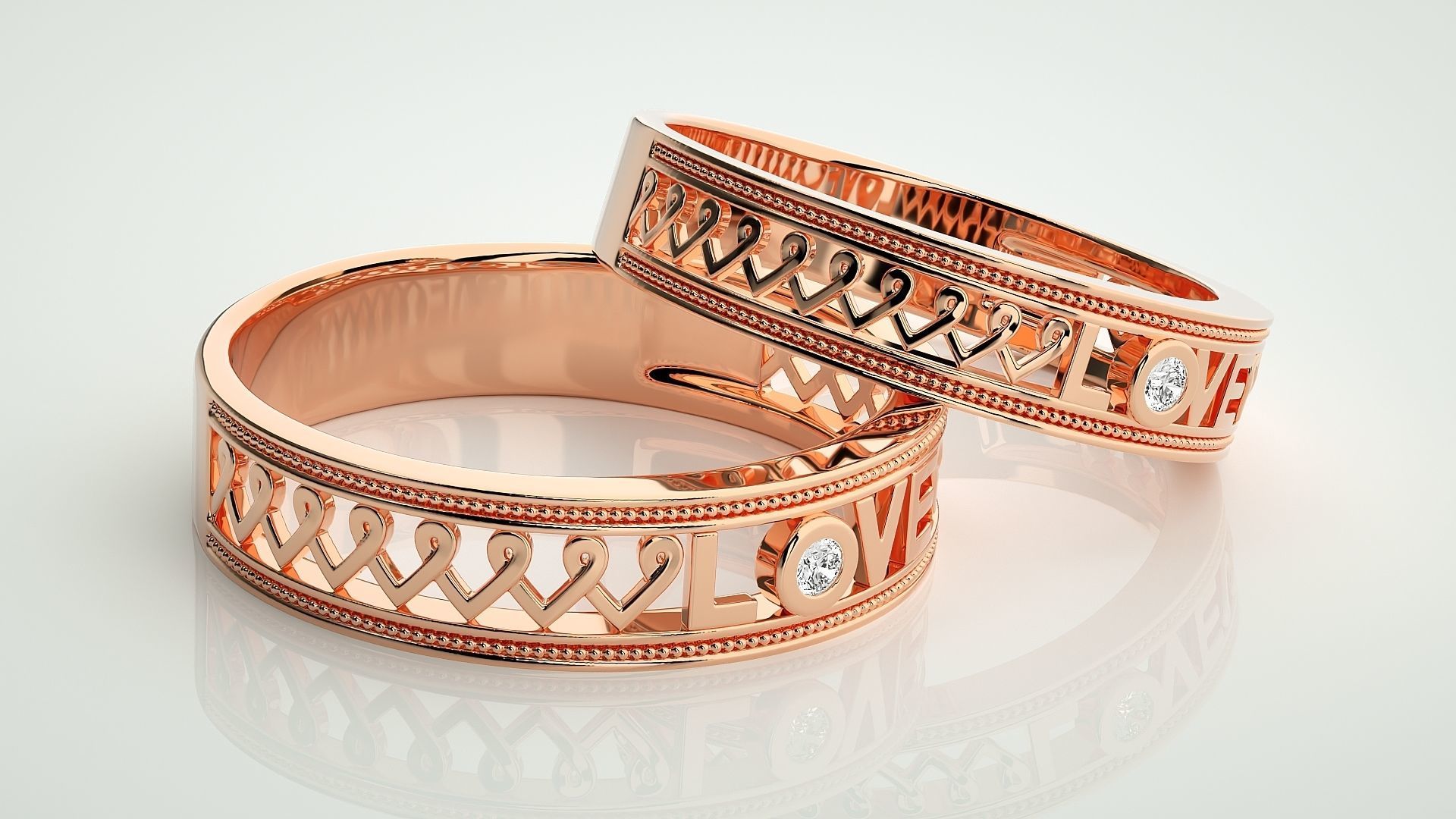 Love Valentine Solitaire Couple Band Ring 3dm stl render detail 3D print model_1