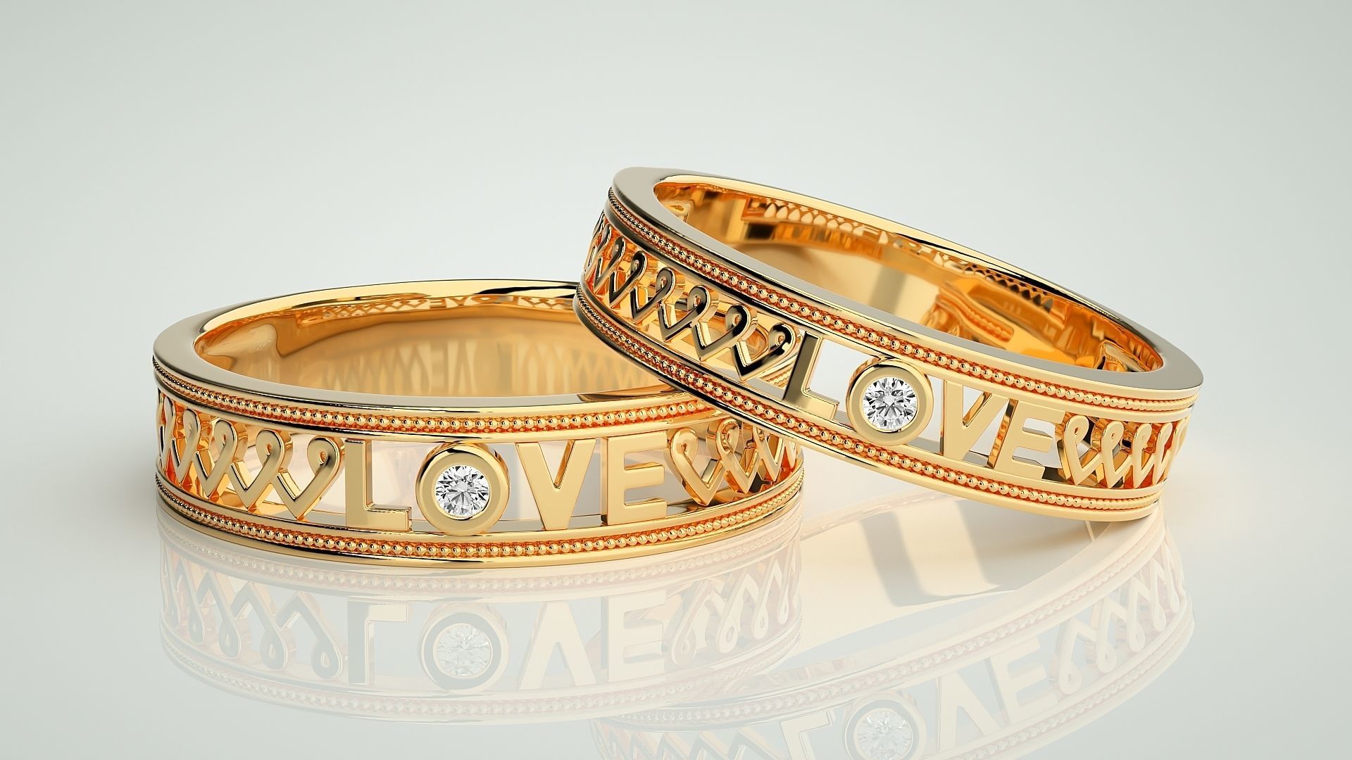 Love Valentine Solitaire Couple Band Ring 3dm stl render detail 3D print model_9