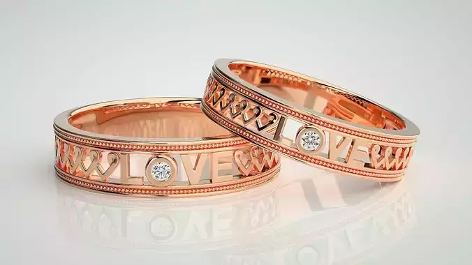 Love Valentine Solitaire Couple Band Ring 3dm stl render detail