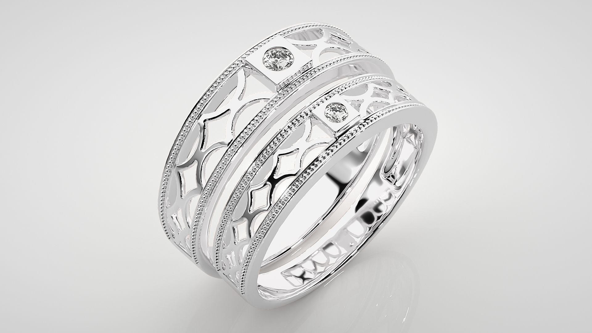Mesh  Solitaire Couple Band Ring 3dm stl render detail 3D print model_8