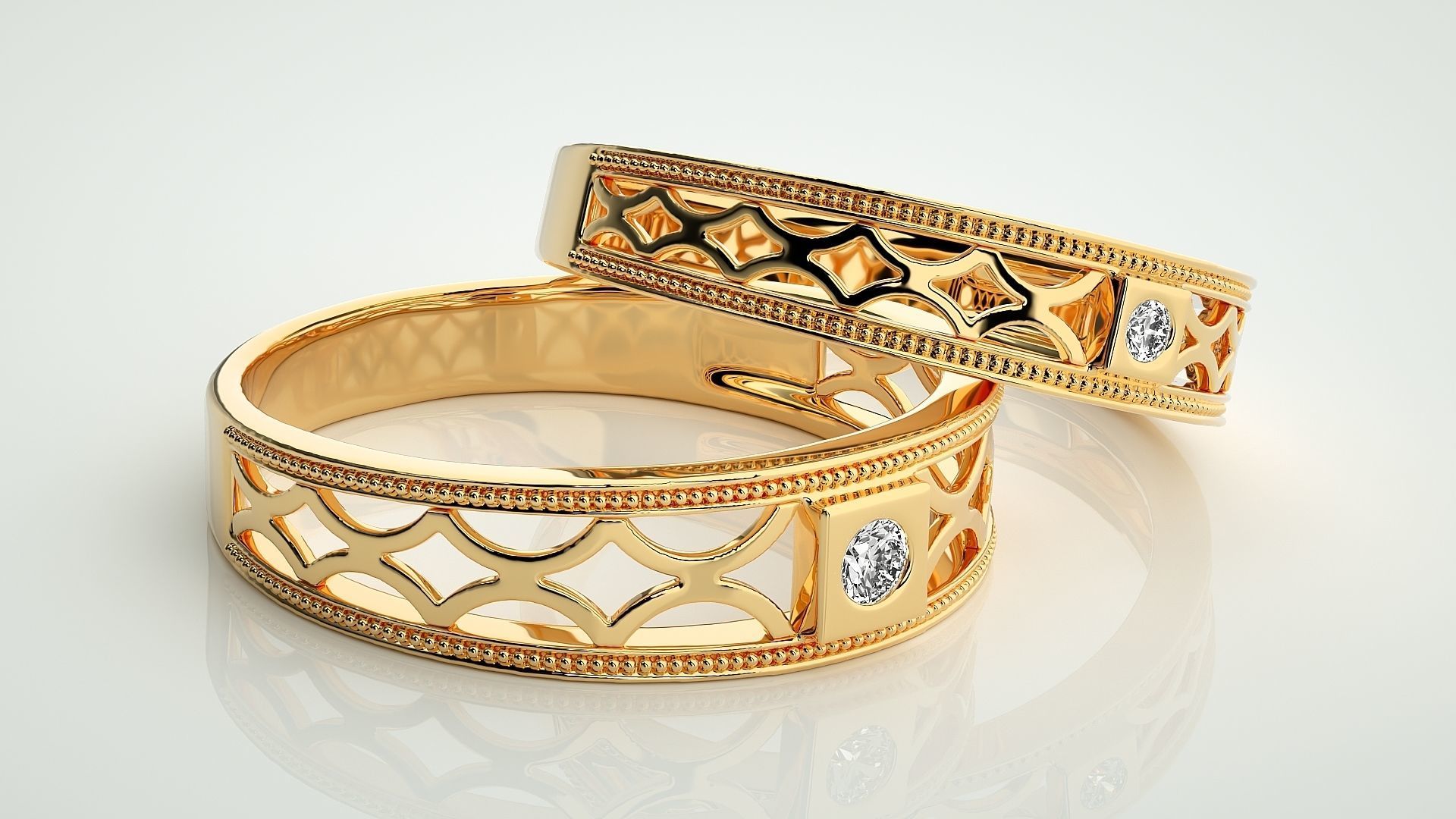 Mesh  Solitaire Couple Band Ring 3dm stl render detail 3D print model_10
