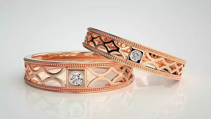 Mesh  Solitaire Couple Band Ring 3dm stl render detail 3D print model