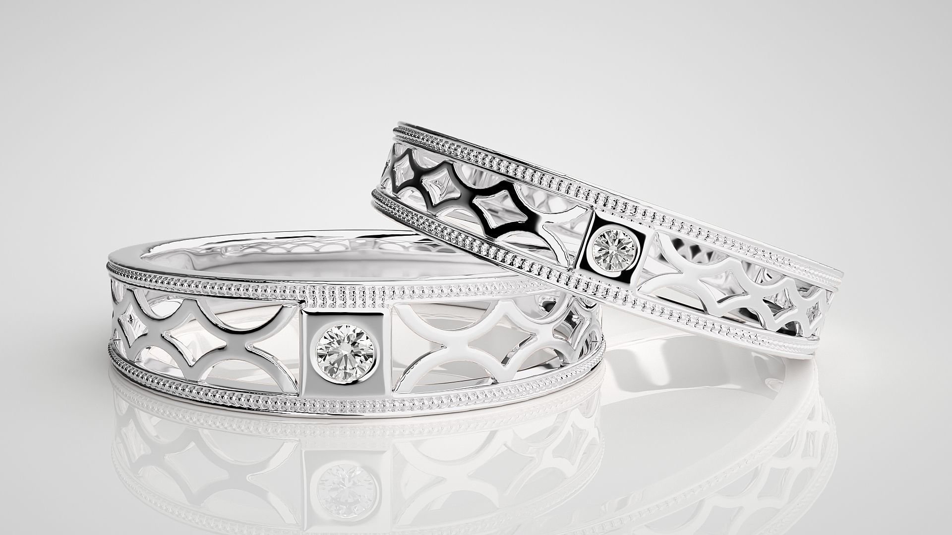 Mesh  Solitaire Couple Band Ring 3dm stl render detail 3D print model_5