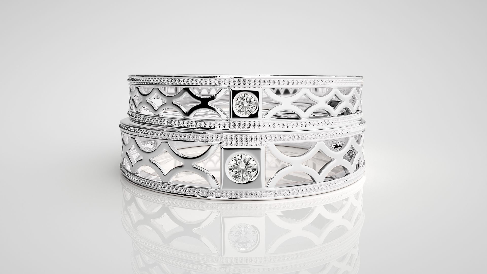 Mesh  Solitaire Couple Band Ring 3dm stl render detail 3D print model_7