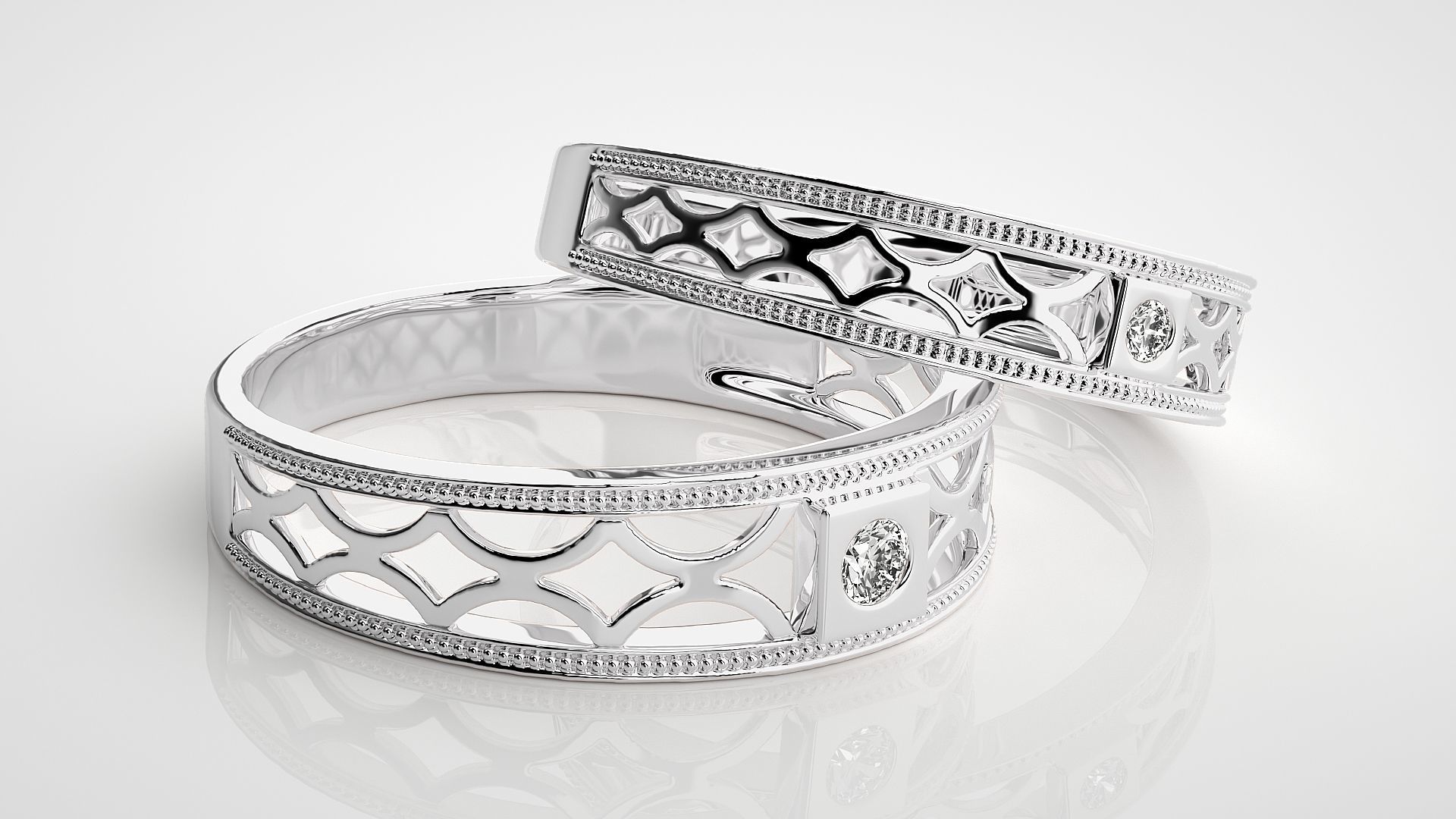 Mesh  Solitaire Couple Band Ring 3dm stl render detail 3D print model_6